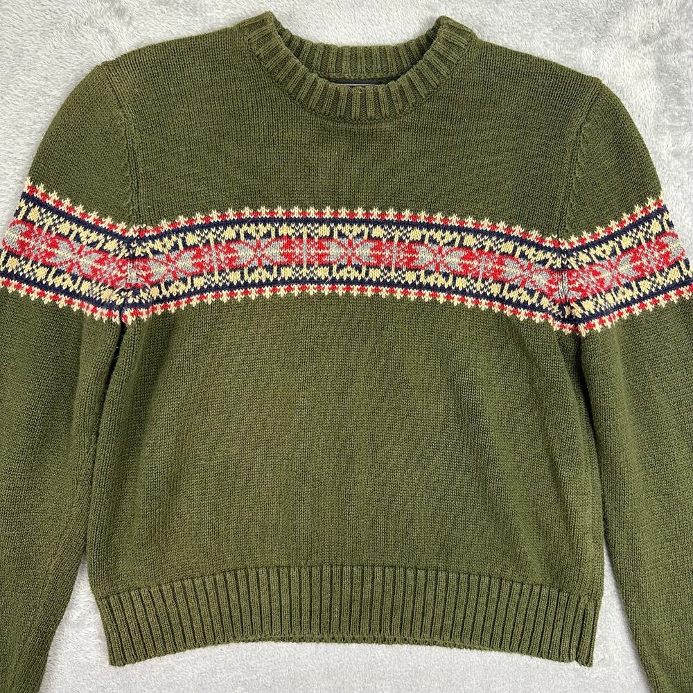 Y2K Abercrombie Olive Green Fair Isle Crop Knit Sweater M Ramie Cotton Crewneck